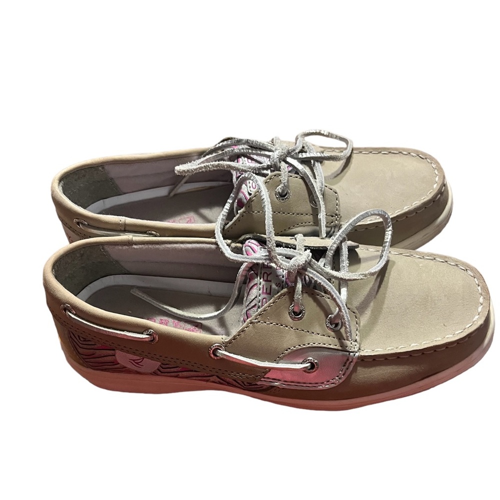 SPERRY TOP SLIDERS. Gray with pink and silver. Size 5M.